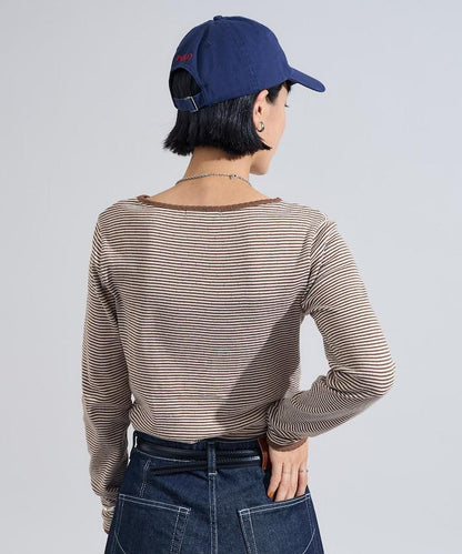 貝殼褶皺羅紋條紋長袖T恤