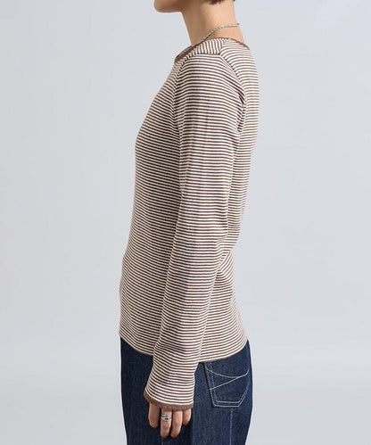 貝殼褶皺羅紋條紋長袖T恤