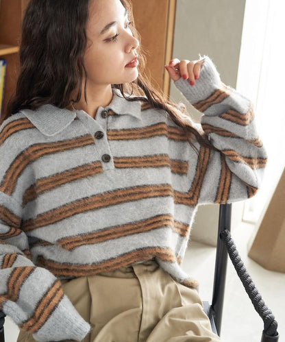 長毛多色條紋翻領針織衫