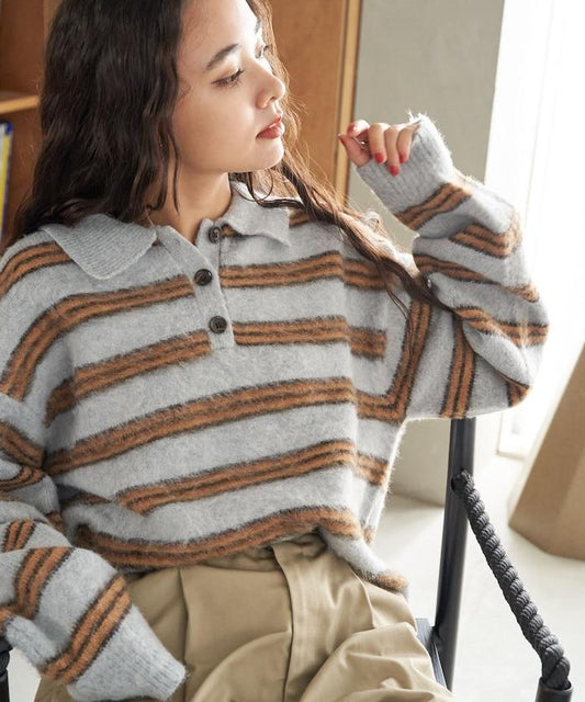 長毛多色條紋翻領針織衫