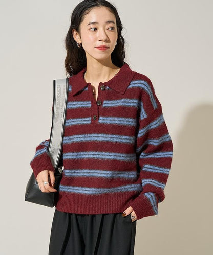 長毛多色條紋翻領針織衫