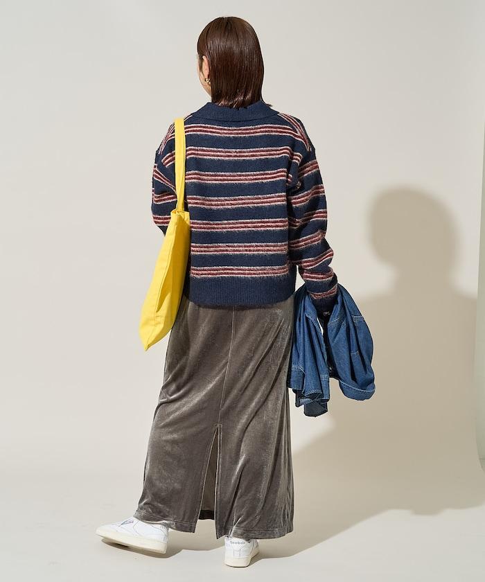 長毛多色條紋翻領針織衫