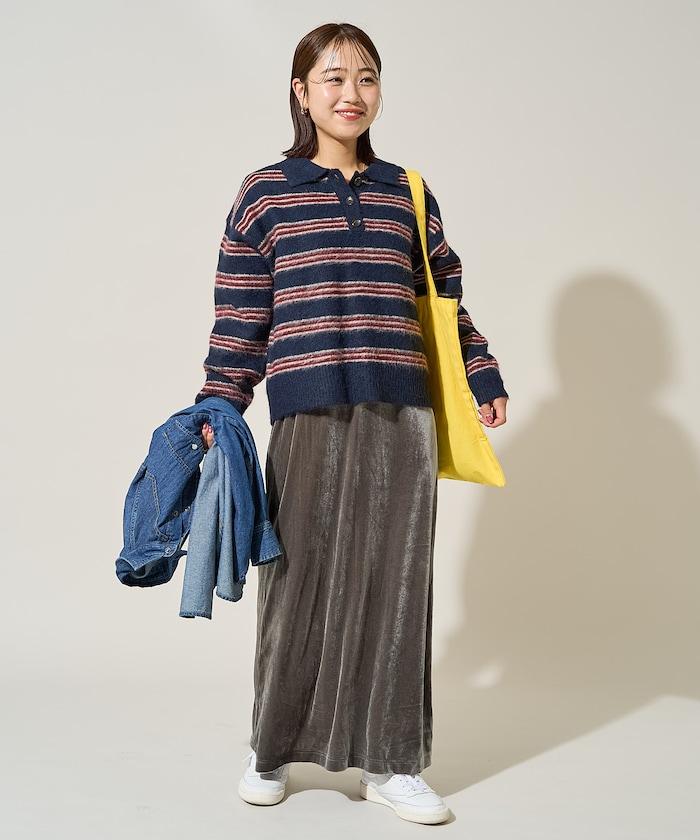 長毛多色條紋翻領針織衫