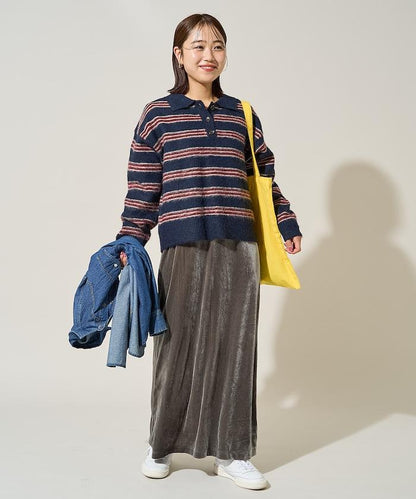 長毛多色條紋翻領針織衫