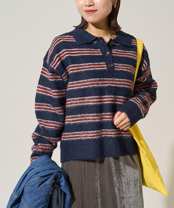 長毛多色條紋翻領針織衫