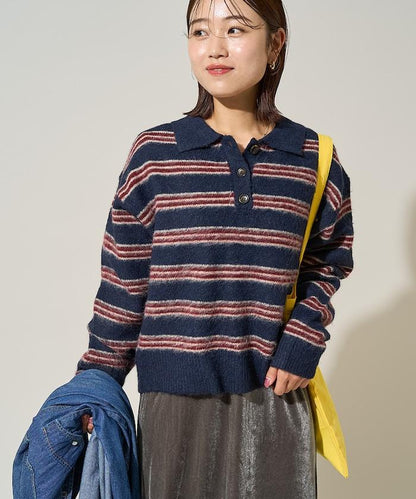 長毛多色條紋翻領針織衫