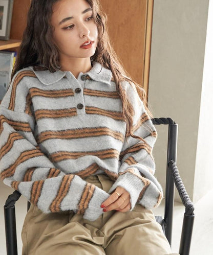 長毛多色條紋翻領針織衫