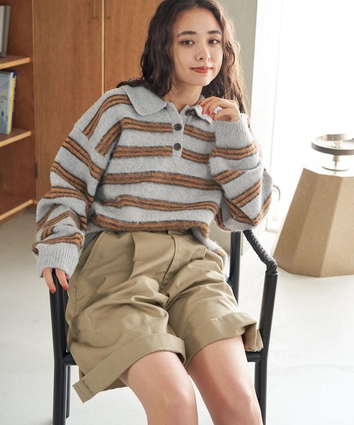 長毛多色條紋翻領針織衫