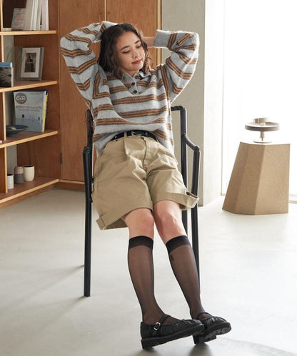 長毛多色條紋翻領針織衫