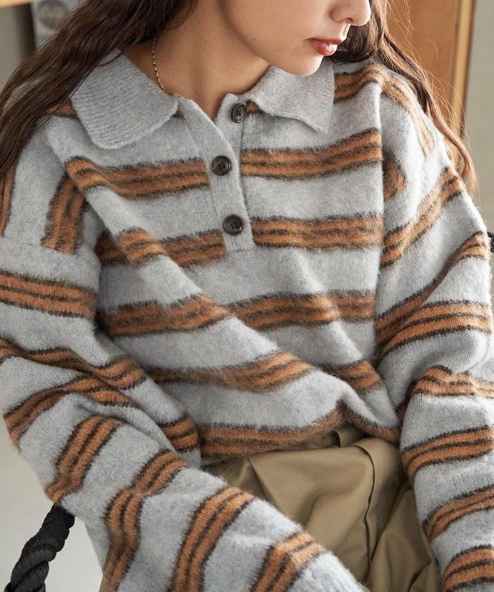 長毛多色條紋翻領針織衫