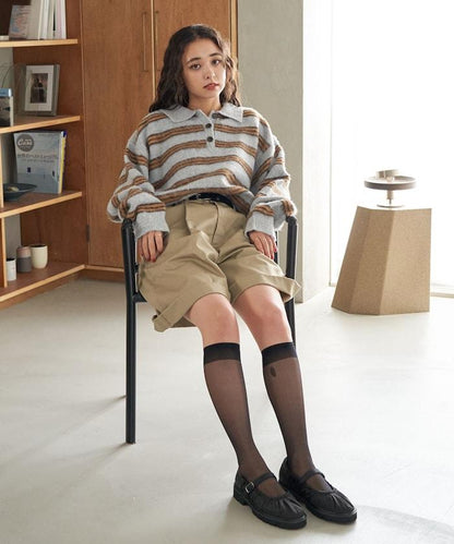 長毛多色條紋翻領針織衫