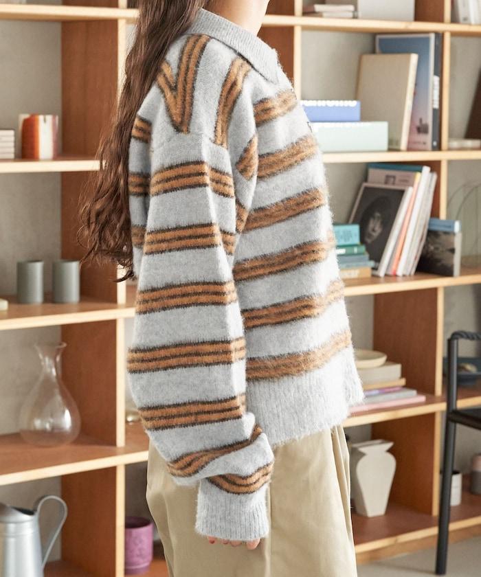 長毛多色條紋翻領針織衫
