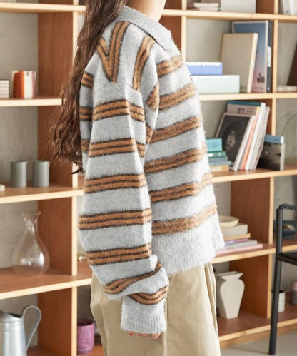 長毛多色條紋翻領針織衫