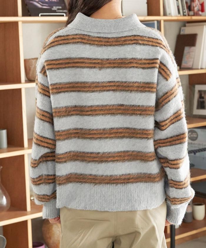 長毛多色條紋翻領針織衫