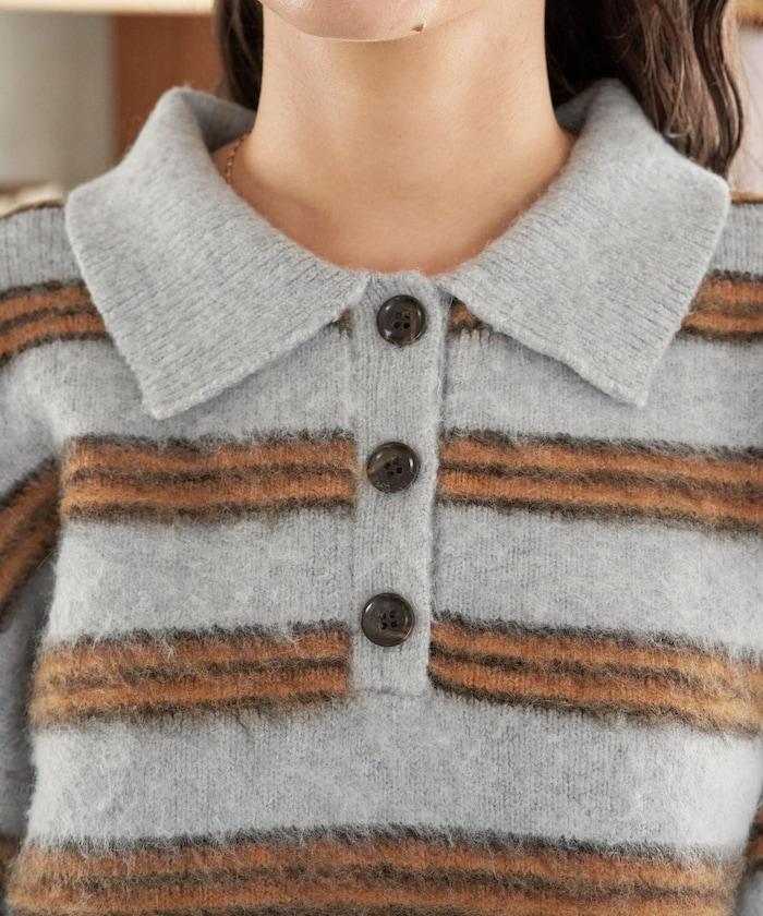 長毛多色條紋翻領針織衫