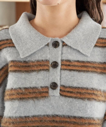 長毛多色條紋翻領針織衫