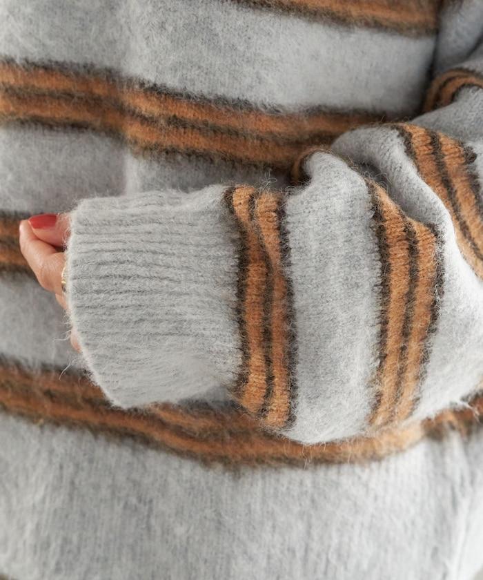 長毛多色條紋翻領針織衫