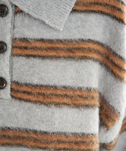 長毛多色條紋翻領針織衫