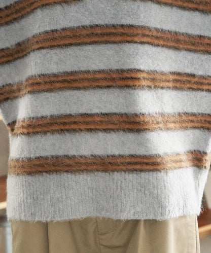 長毛多色條紋翻領針織衫