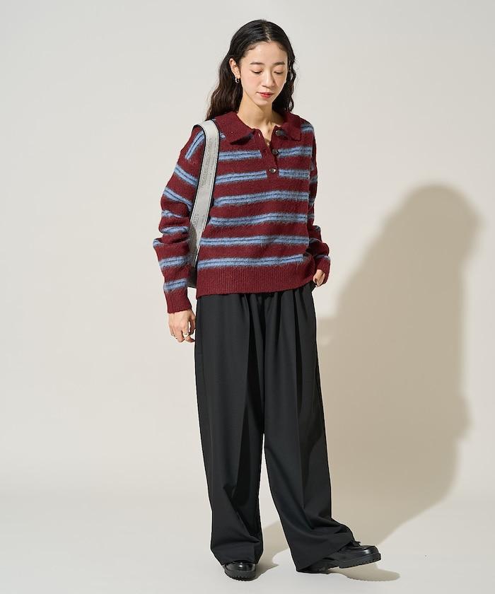 長毛多色條紋翻領針織衫