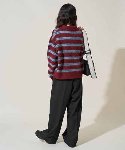 長毛多色條紋翻領針織衫