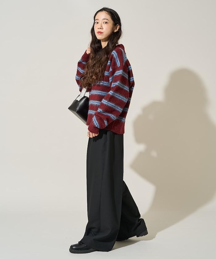 長毛多色條紋翻領針織衫