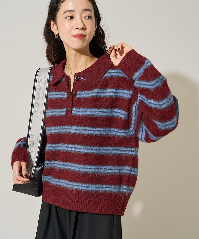 長毛多色條紋翻領針織衫