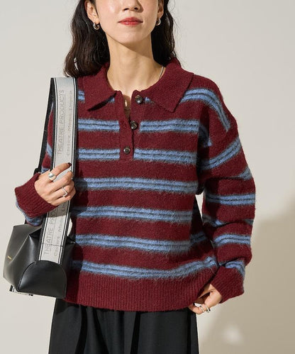 長毛多色條紋翻領針織衫
