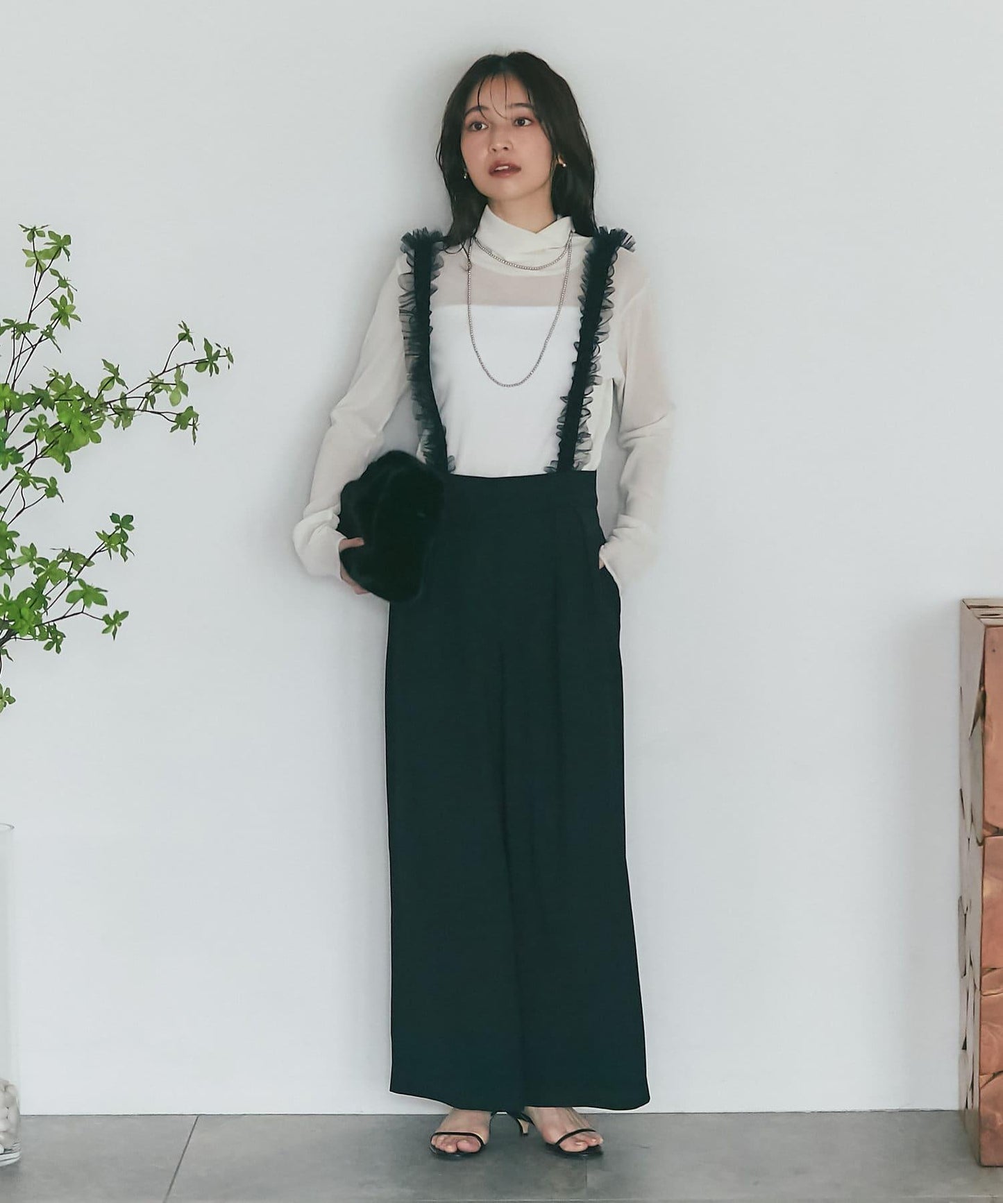 【La boutique BonBon】網紗荷葉邊吊帶寬腿褲