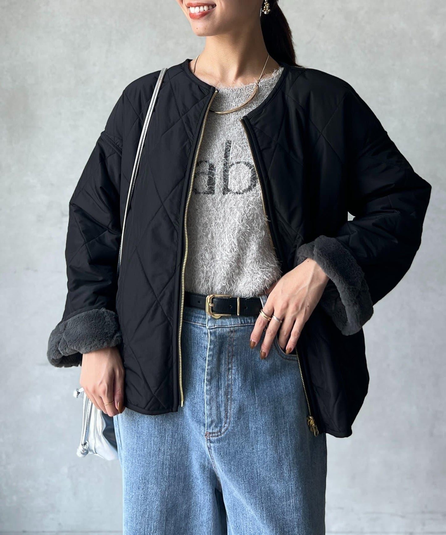 仿皮草拼接絎縫可雙面穿夾克