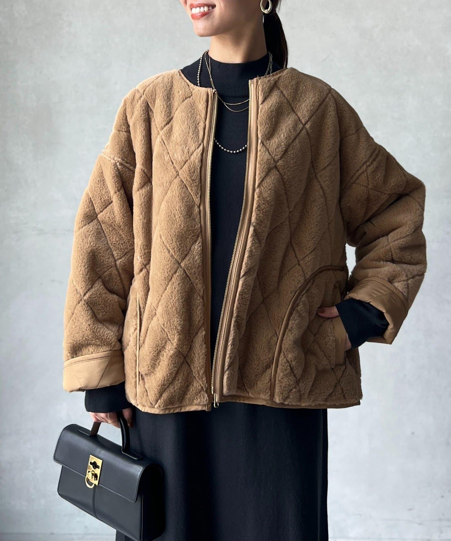 仿皮草拼接絎縫可雙面穿夾克