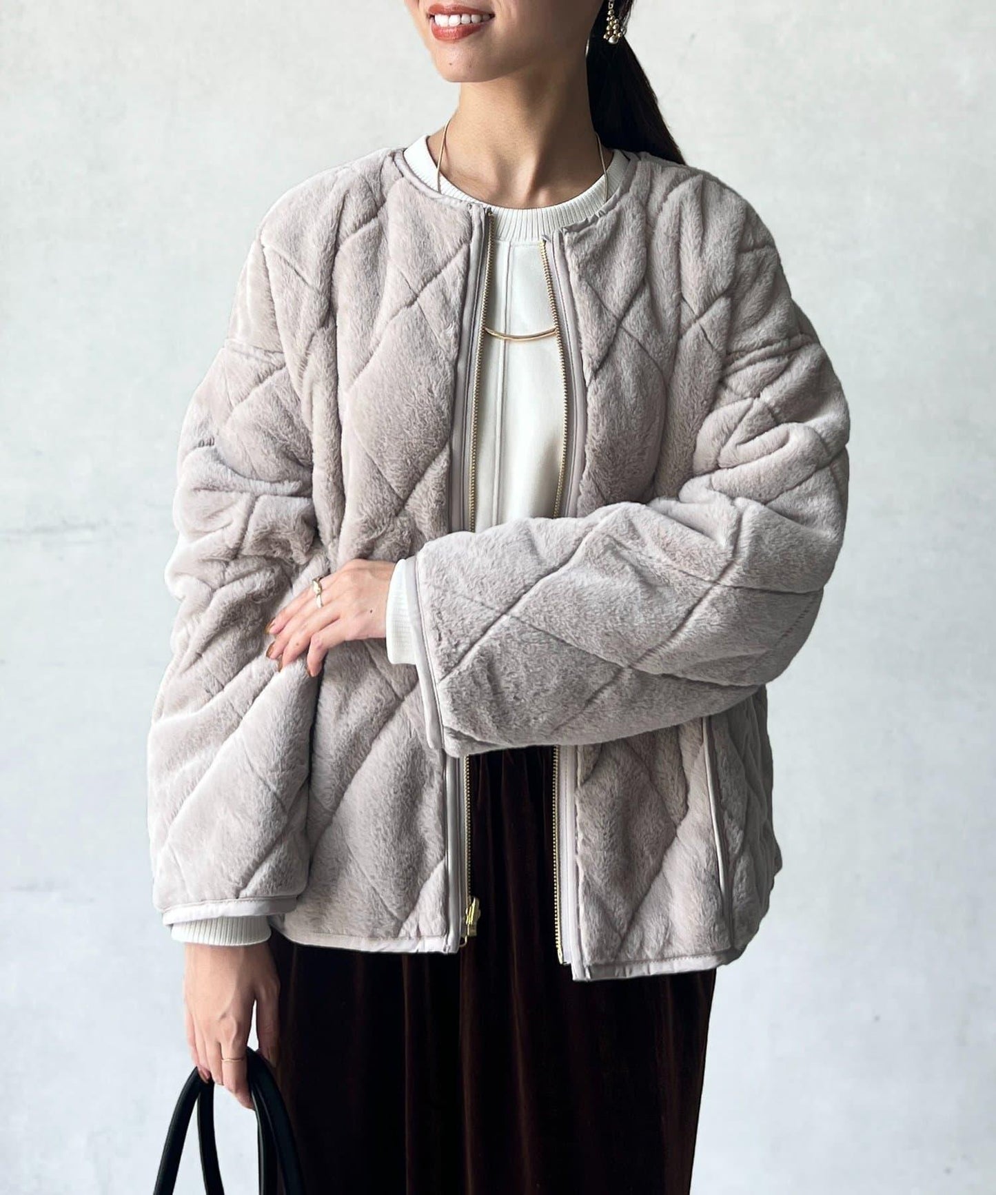 仿皮草拼接絎縫可雙面穿夾克