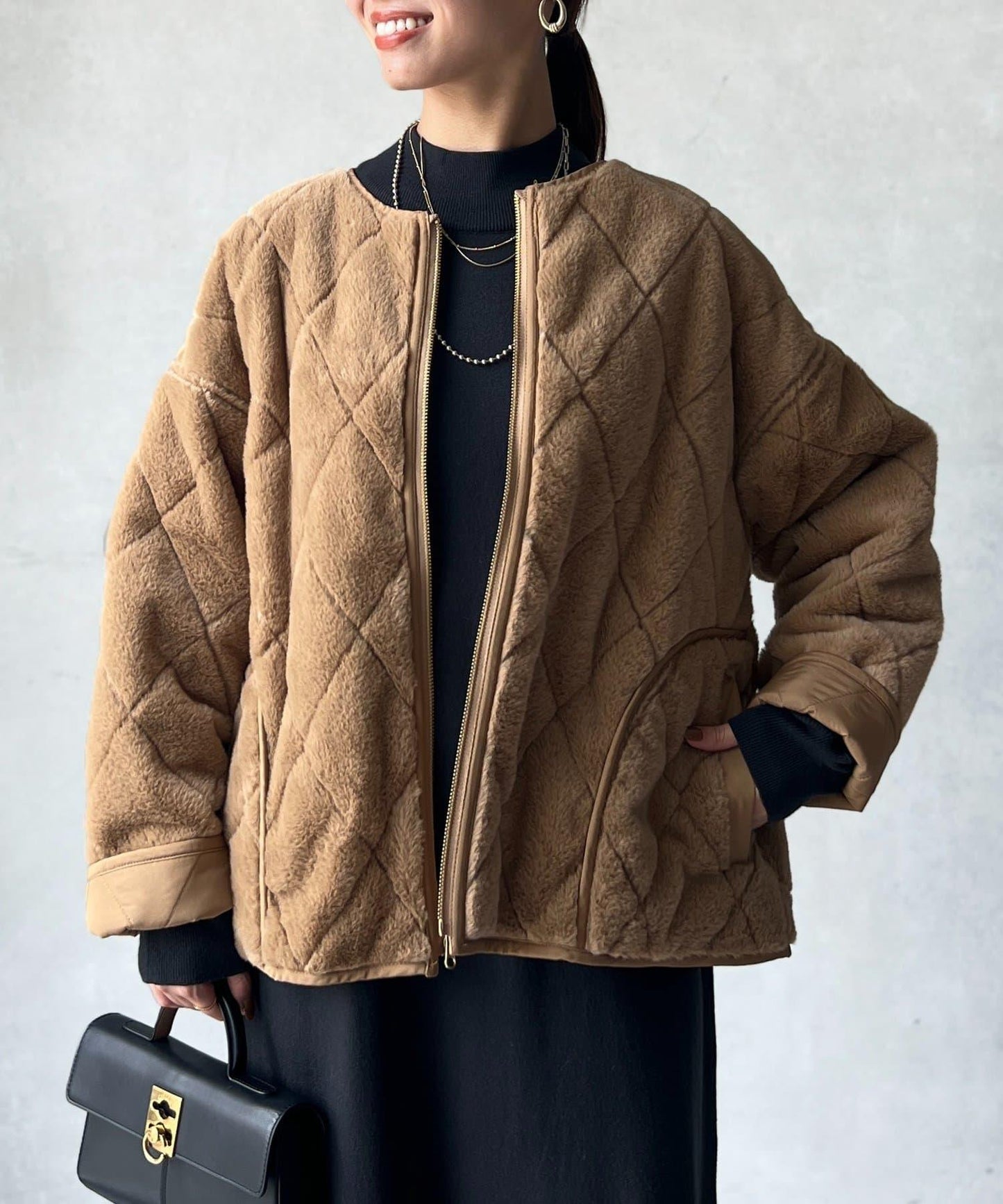 仿皮草拼接絎縫可雙面穿夾克