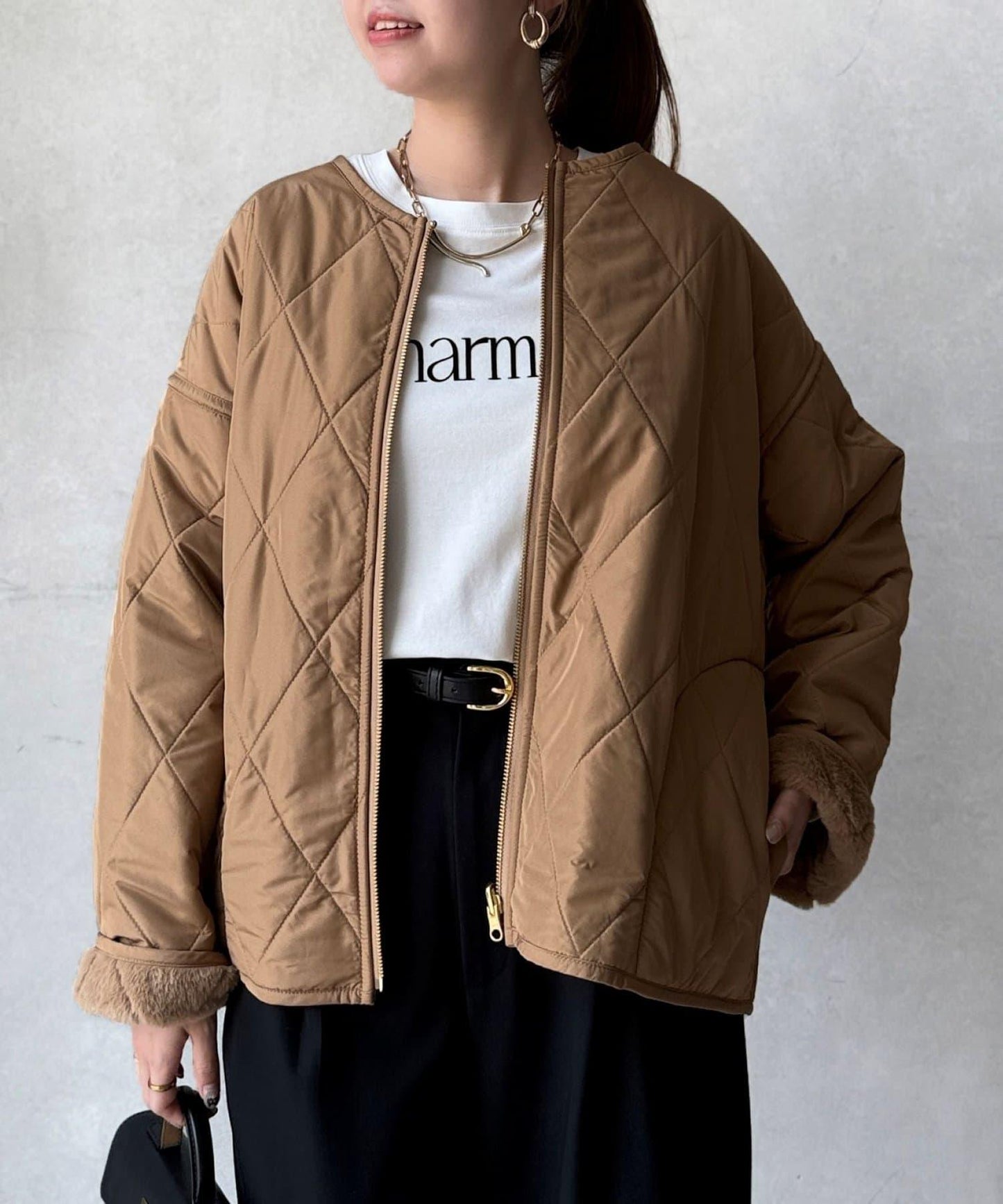 仿皮草拼接絎縫可雙面穿夾克