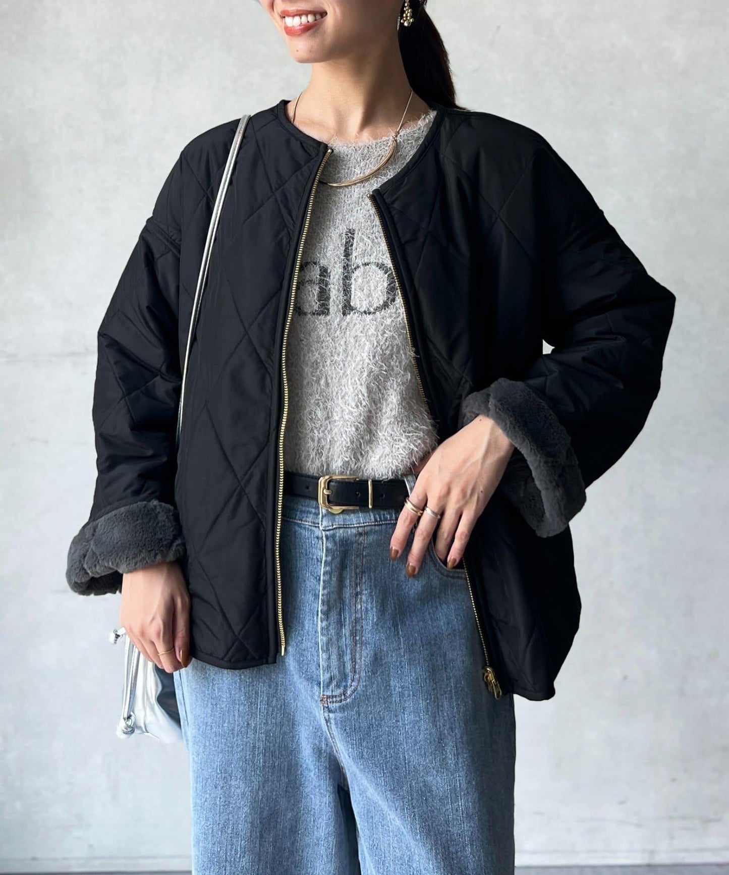 仿皮草拼接絎縫可雙面穿夾克