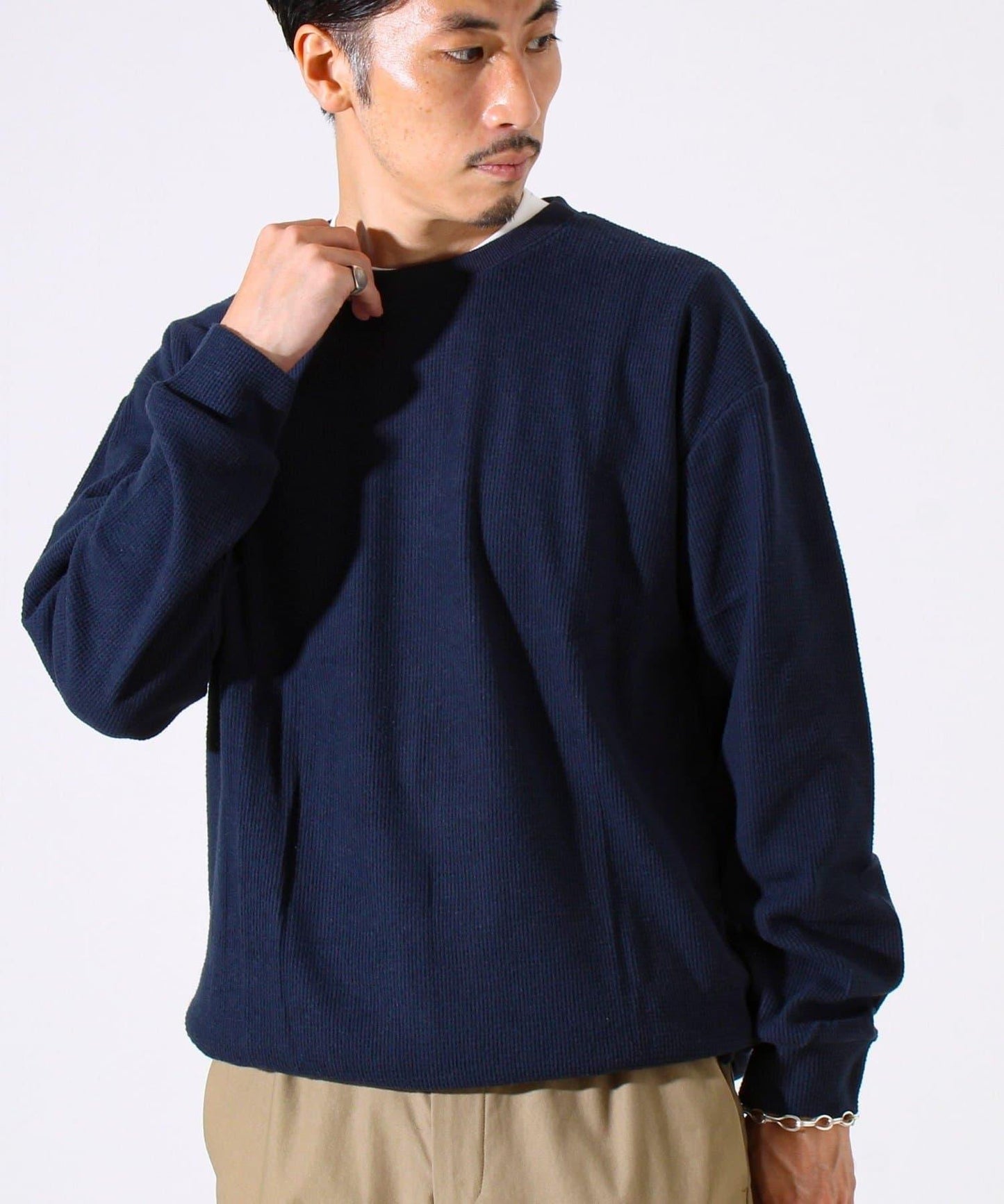 【適合疊穿】磨毛華夫格下襬抽繩長袖T恤