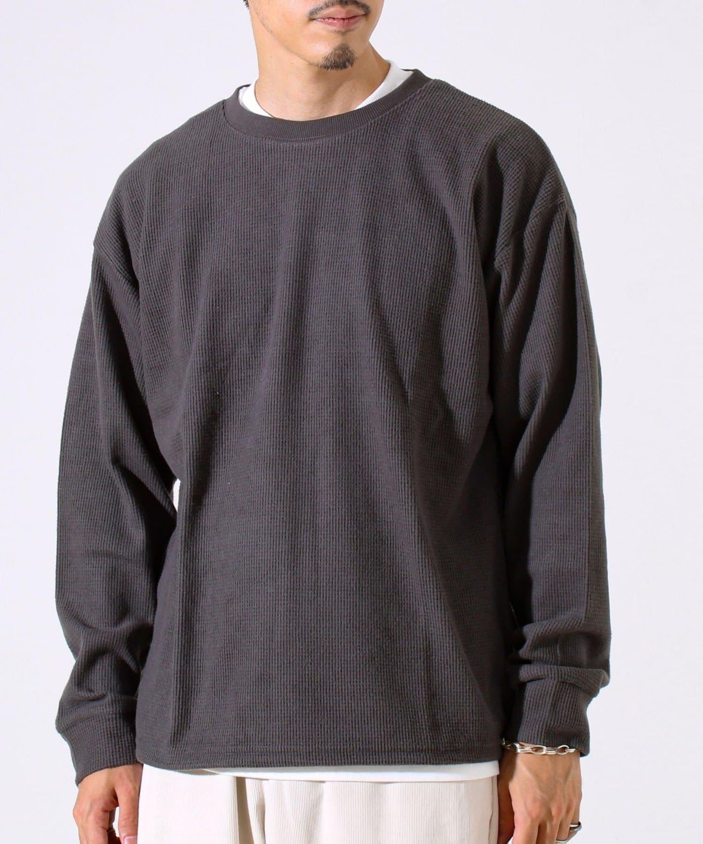 【適合疊穿】磨毛華夫格下襬抽繩長袖T恤