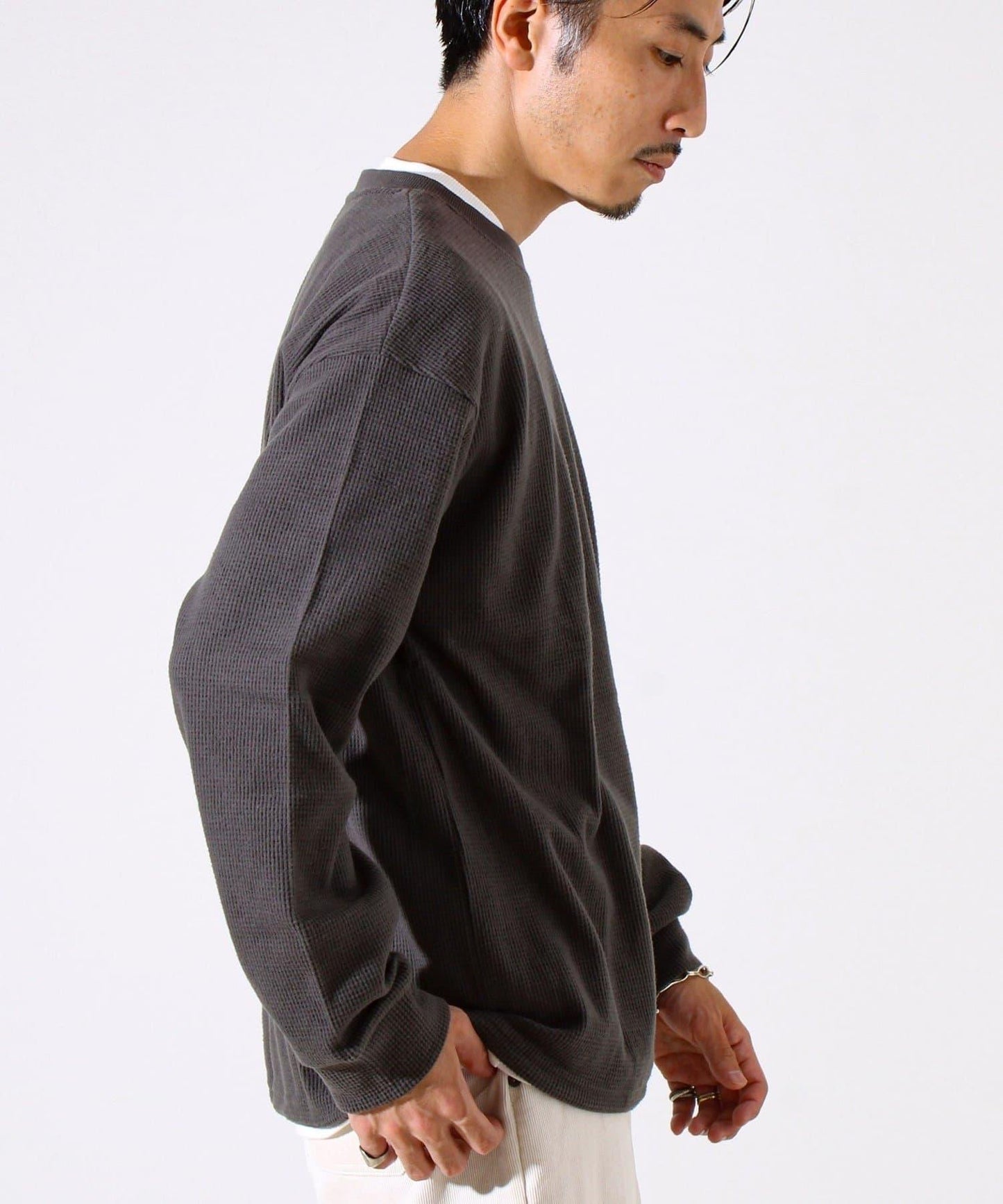 【適合疊穿】磨毛華夫格下襬抽繩長袖T恤