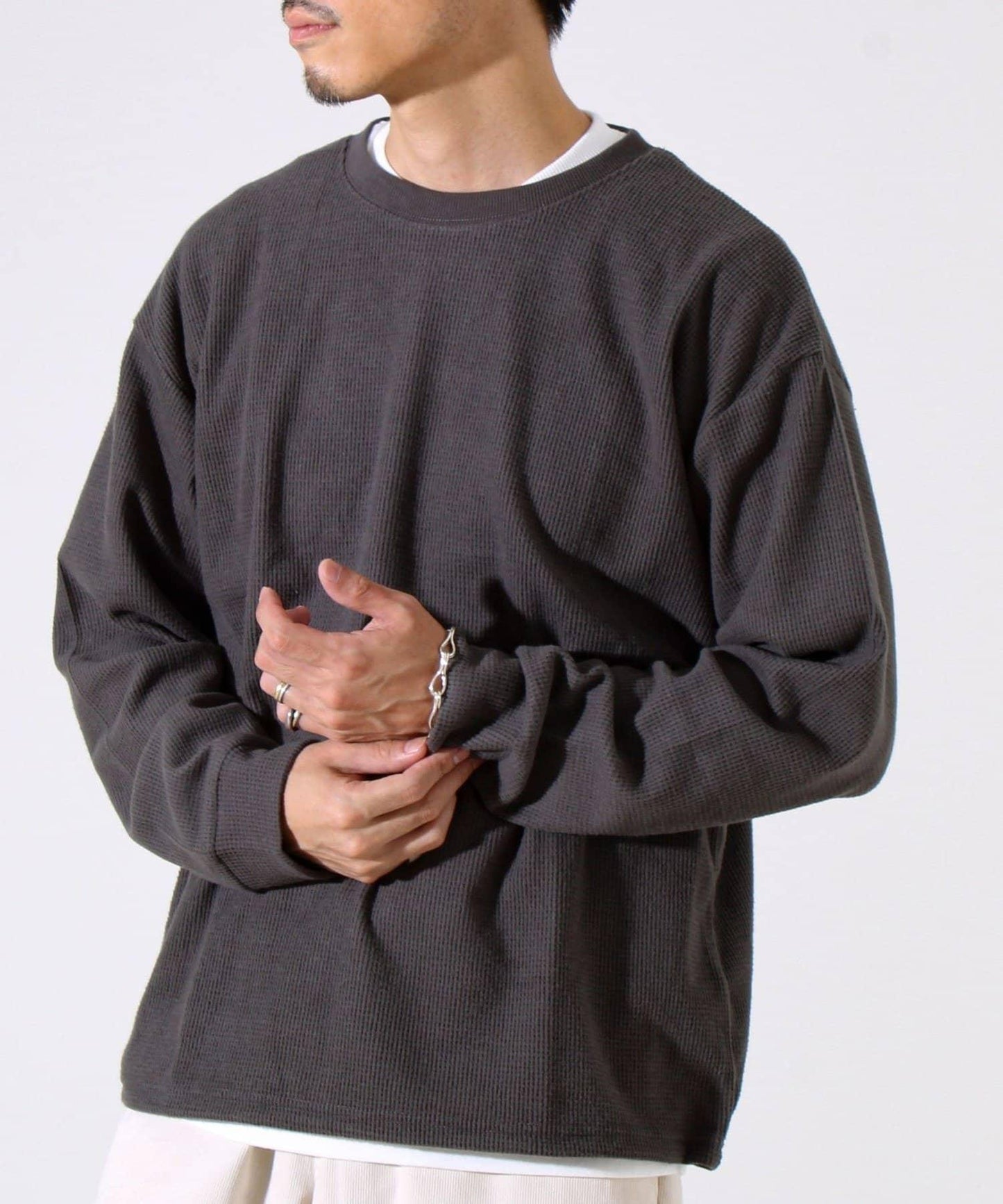 【適合疊穿】磨毛華夫格下襬抽繩長袖T恤