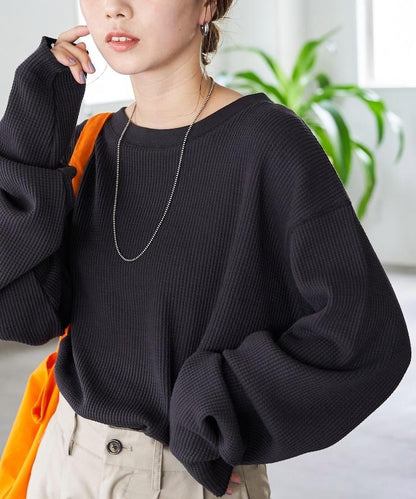 華夫格圓領長款套頭衫