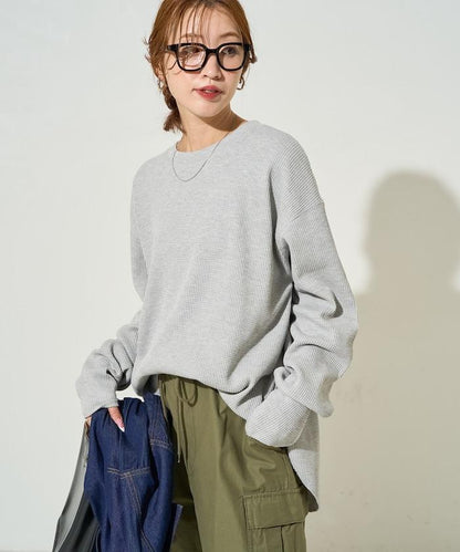 華夫格圓領長款套頭衫