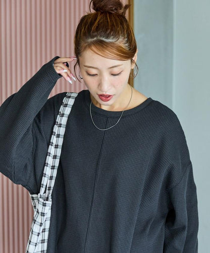 華夫格短款圓領套頭衫