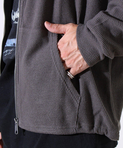 【適合疊穿】磨毛華夫格下襬抽繩拉鍊連帽衫
