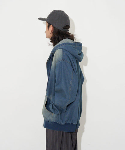 過染牛仔拉鍊連帽衫