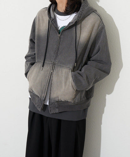 過染牛仔拉鍊連帽衫