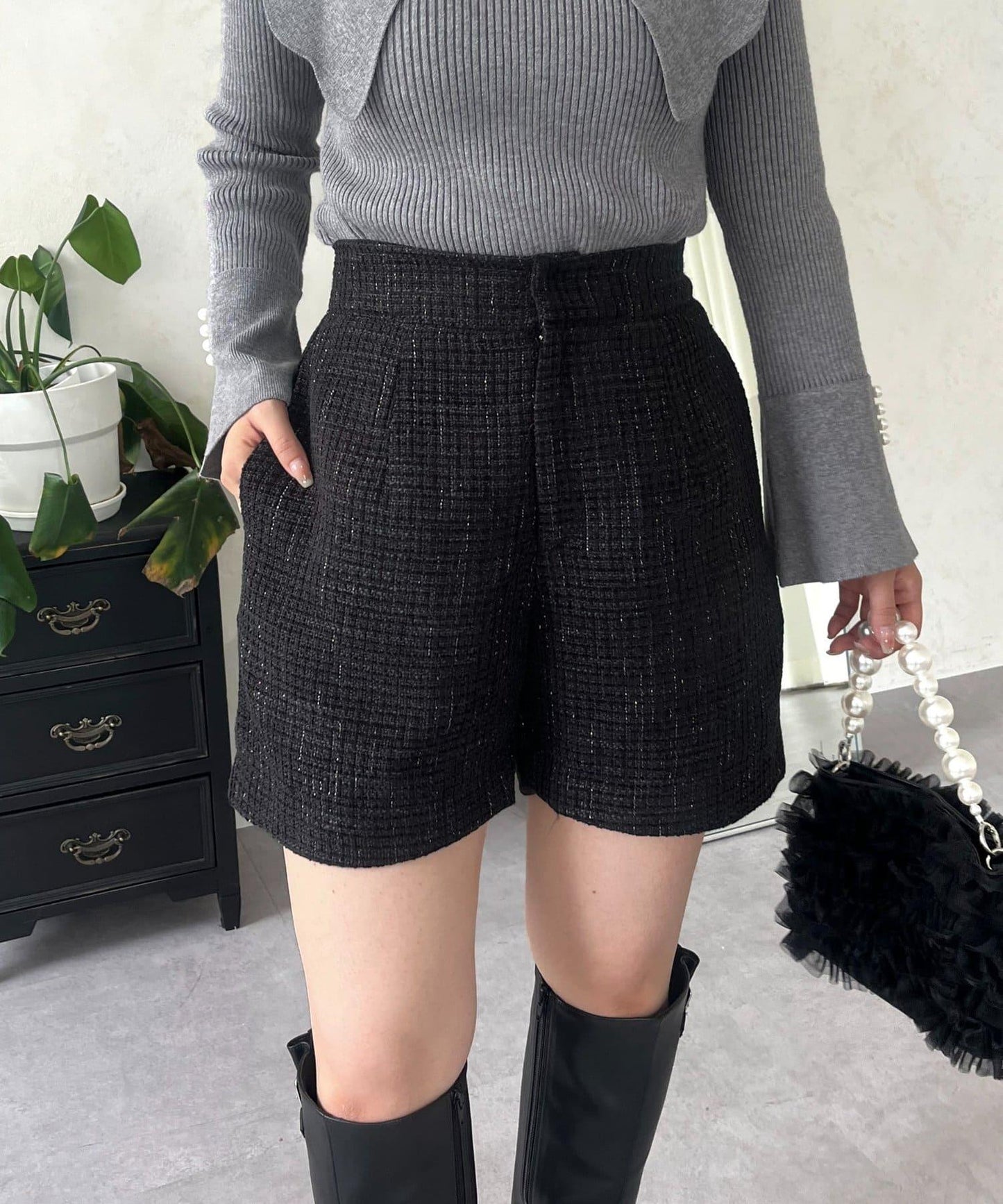 亮片粗花呢短褲