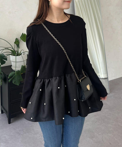 泡泡袖下襬珍珠拼接針織衫