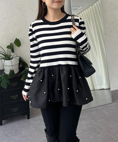 泡泡袖下襬珍珠拼接針織衫