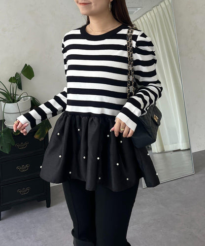 泡泡袖下襬珍珠拼接針織衫