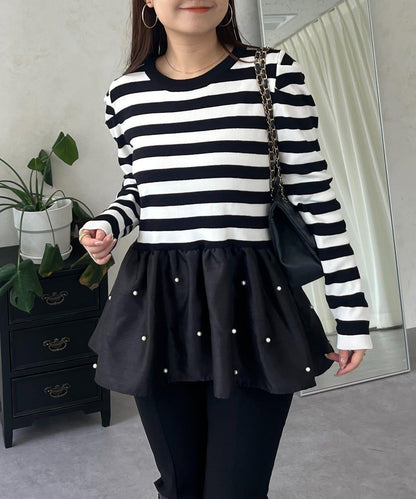 泡泡袖下襬珍珠拼接針織衫